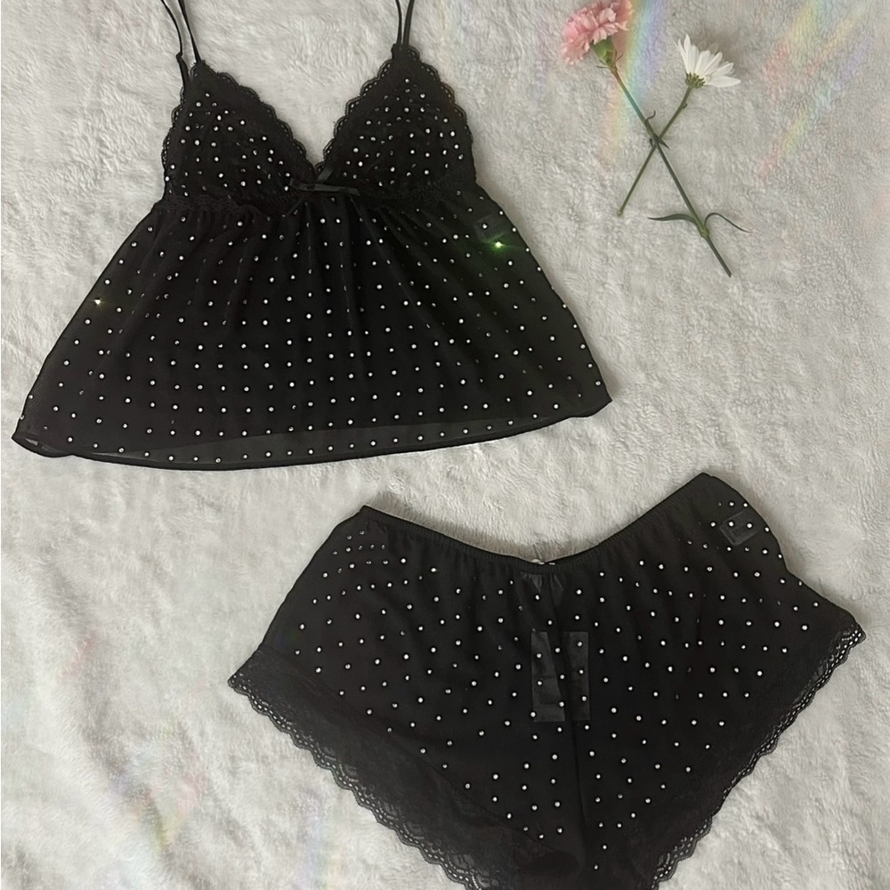 Black Lace Pajama Set with sparkles